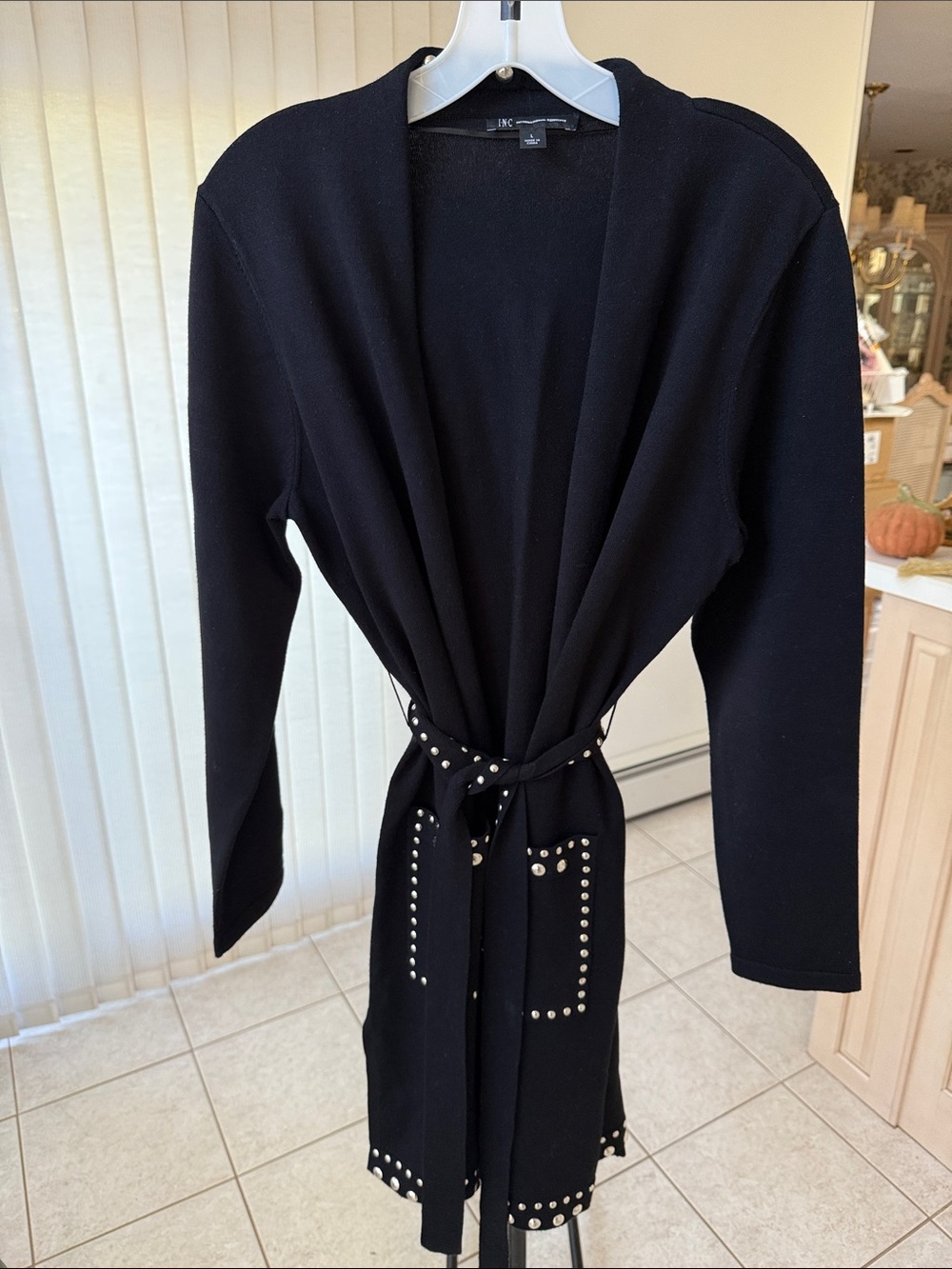 INC International Concepts Black Studded Belted Knit Cardigan Dress